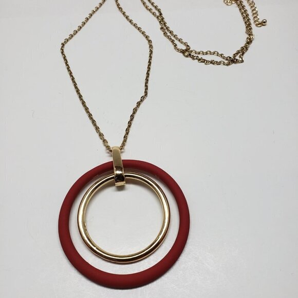 Women's Stunning Polished Gold Tone Necklace w/ Double Hoops Pendant, 38+4-inch - Picture 10 of 10